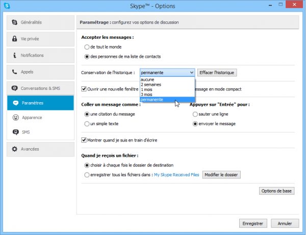 Skype - Paramètres historique conversation