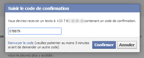 Facebook - code de confirmation mobile