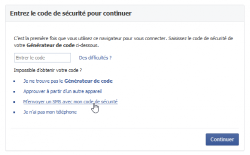 Facebook - envoi de SMS