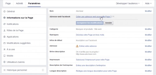 Créer une adresse web pour cette Page Facebook