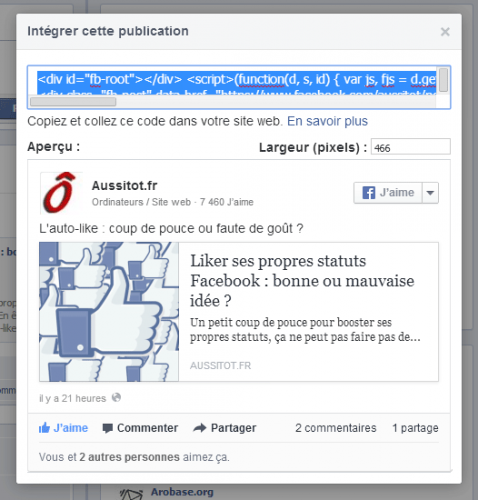 Code d'insertion de la publication Facebook