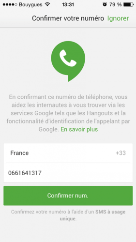 Hangouts - Confirmation du numéro