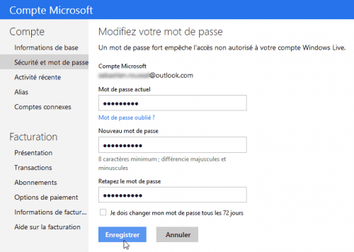 Mot de passe de compte Microsoft