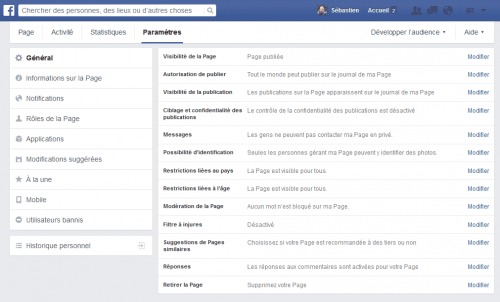 Paramètres pages Facebook